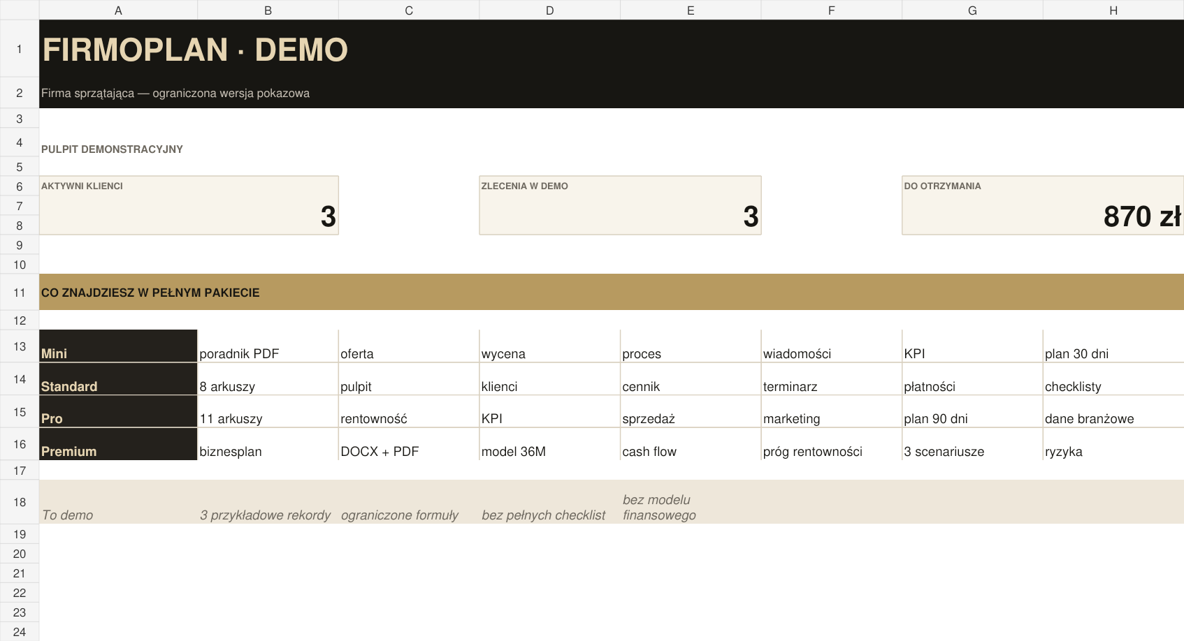 Strona startowa arkusza demo Firmoplan